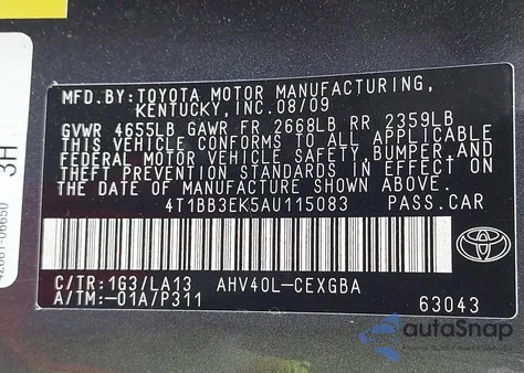 2010 Toyota Camry Hybrid from USA, damaged, VIN 4T1BB3EK5AU115083